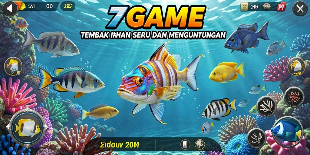 Tampilan gameplay seru dalam 7GAME saat menembak ikan.