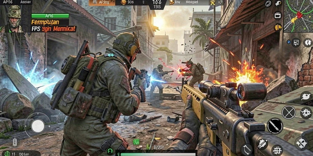 Screenshot permainan API36 menunjukkan aksi menegangkan dalam FPS.