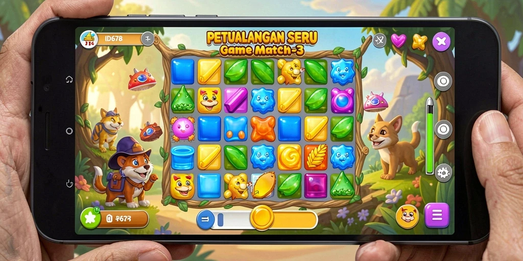 Tampilan seru gameplay Match-3 di ID678 dengan warna-warni menarik.