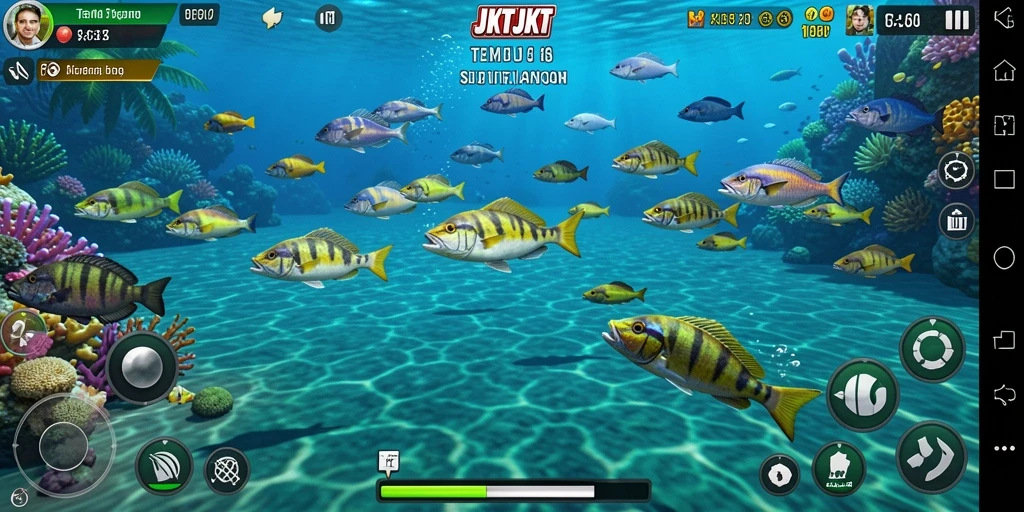 Gambaran gameplay JKTJKT dengan aksi menembak ikan yang menarik.