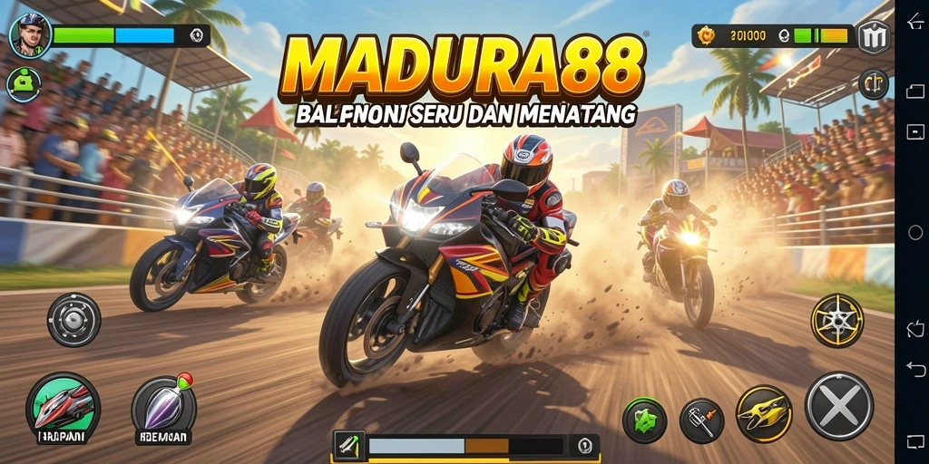 Screenshot gameplay MADURA88 menampilkan balapan motor yang seru.