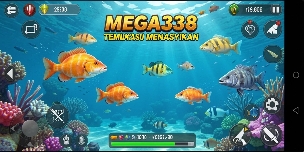 Screenshot gameplay MEGA338 yang menampilkan aksi menembak ikan.