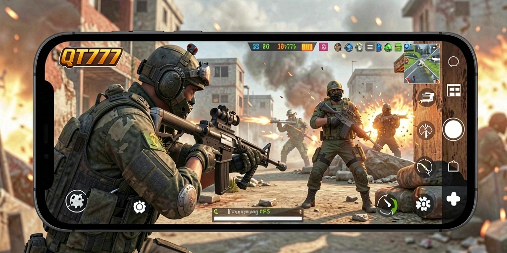 Screenshot gameplay QT777 menampilkan aksi intens di medan perang.