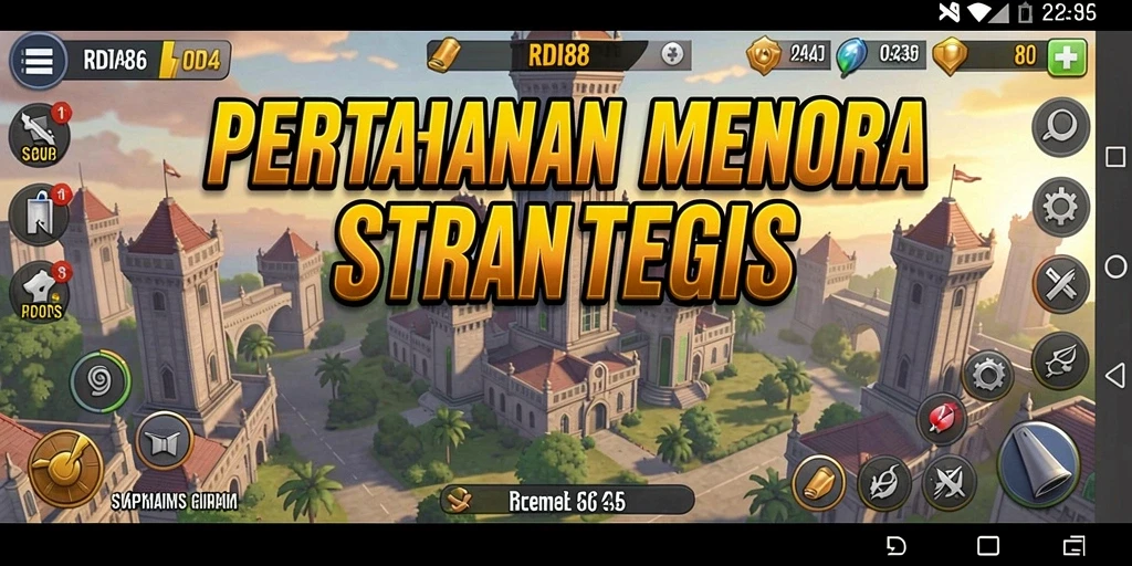Screenshot gameplay RDI88 menampilkan menara pertahanan yang aktif melawan gelombang musuh.