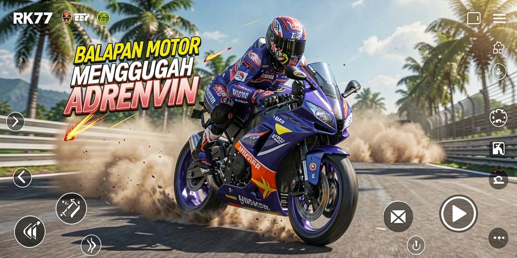 Screenshot utama RK77 menampilkan aksi balapan motor yang seru dan mendebarkan.