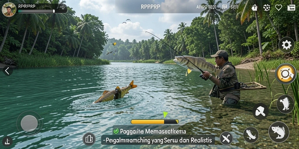 Screenshot gameplay RPRPRP menampilkan aktivitas memancing yang mendebarkan.