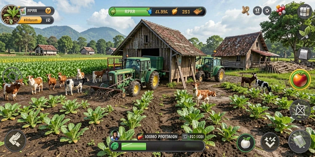 Tampilan gameplay RPRR yang menggambarkan pengalaman bertani yang mendunia.